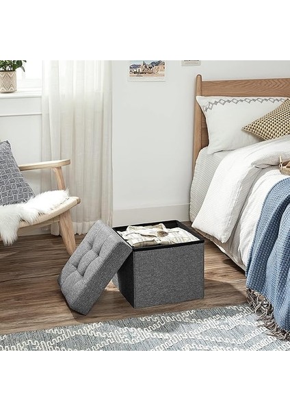 Saklama Alanlı Tabure, Kapaklı Küp, Oturma Sandığı, Saklama Kutusu, Katlanabilir, Maksimum Statik Taşıma Kapasitesi 300 Kg, 40 L, 38 x 38 x 38 cm Suni Keten, Koyu Gri SPF27Z fırsatları
