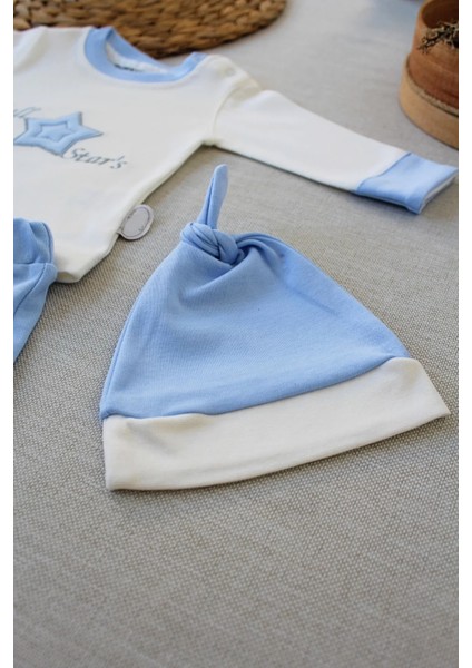 Litaetrend 3-6 6-9 9-12 Ay Full Star Nakışlı Şapkalı Uzun Kollu Sweat 3lü Erkek Bebek Takımı Mavi fırsatları