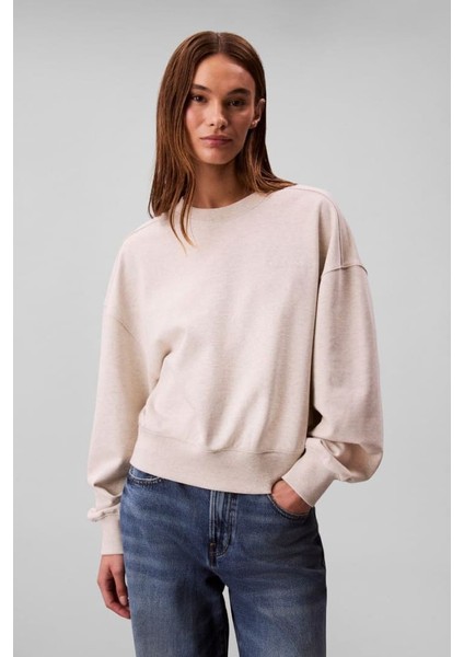 Kadın Regular Fit Logo Nakışlı Bisiklet Yaka Sweatshirt - Bej