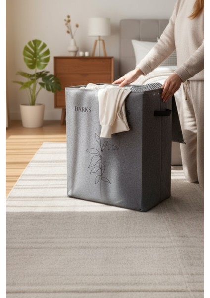 Gri Çift Gözlü Keçe Çamaşır Sepeti – Renkli/beyaz Ayırma Bölmeli, Deri Detaylı