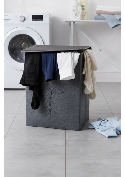 Gri Çift Gözlü Keçe Çamaşır Sepeti – Renkli/beyaz Ayırma Bölmeli, Deri Detaylı fırsatları