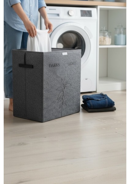 Gri Çift Gözlü Keçe Çamaşır Sepeti – Renkli/beyaz Ayırma Bölmeli, Deri Detaylı indirimleri