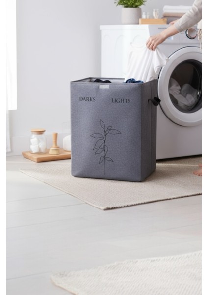 Gri Çift Gözlü Keçe Çamaşır Sepeti – Renkli/beyaz Ayırma Bölmeli, Deri Detaylı