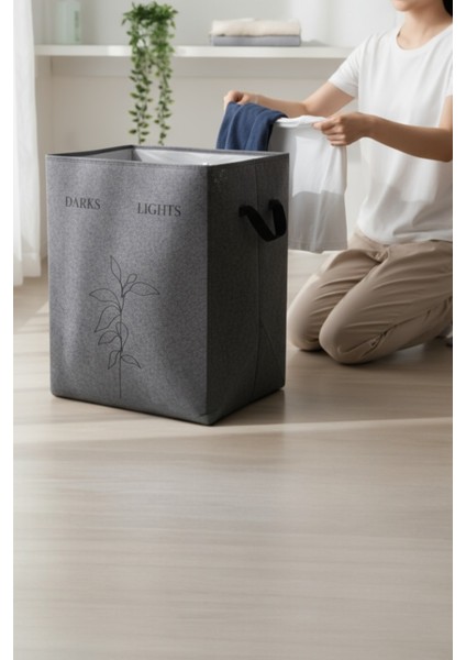 Gri Çift Gözlü Keçe Çamaşır Sepeti – Renkli/beyaz Ayırma Bölmeli, Deri Detaylı