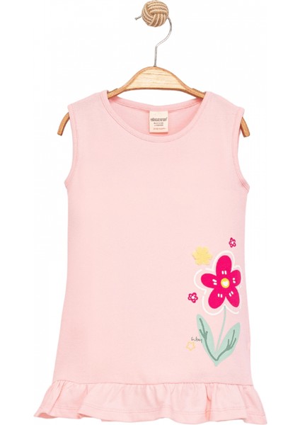Kız Çocuk Kolsuz Pamuklu Çiçek Desenli Fırfırlı Etek Ucu Pembe Elbise