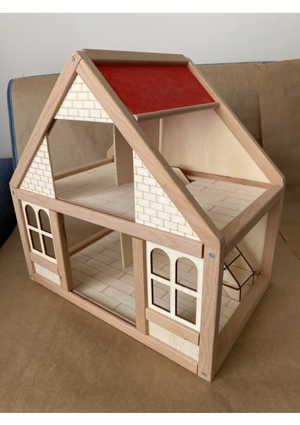 Ahşap Oyun Evi Doğal Ahşap Montessori Oyun Evi Kırmızı Çatılı Ev