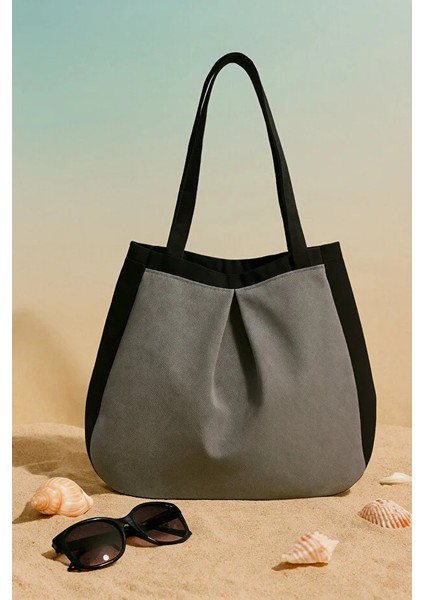 Siyah Gri Çok Amaçlı Premium Oversize Düz Orta Boy Kanvas Kadın El ve Omuz Çantası