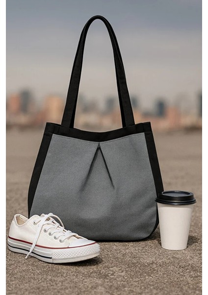 Siyah Gri Çok Amaçlı Premium Oversize Düz Orta Boy Kanvas Kadın El ve Omuz Çantası fırsatları