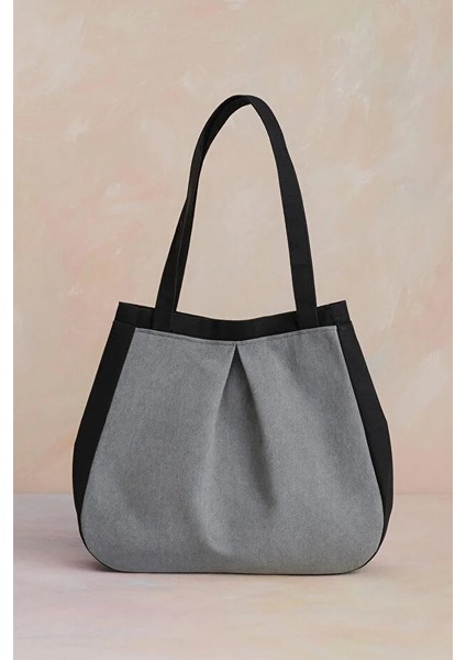 Siyah Gri Çok Amaçlı Premium Oversize Düz Orta Boy Kanvas Kadın El ve Omuz Çantası