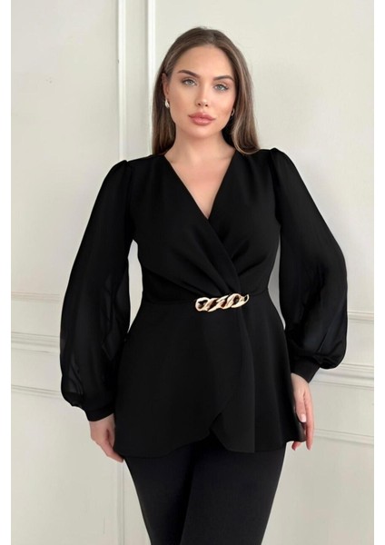Zincir Tokalı Kruvaze Yaka Şifon Kollu Siyah ve Kahverengi Ceket Bluz 1386