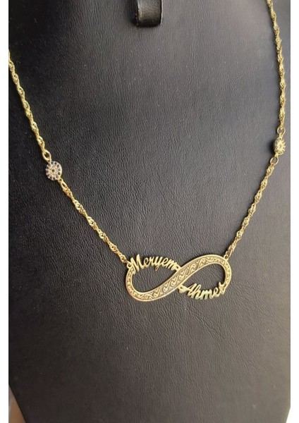 925 Ayar Gümüş 24 Ayar Altın Kaplama 2 Nazar Boncuklu Isimli Sonsuzluk Kolye