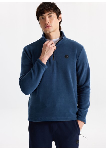 D5WM-SWT3300 Indigo Fermuarlı Yaka Basic Düz Erkek Polar Sweatshırt