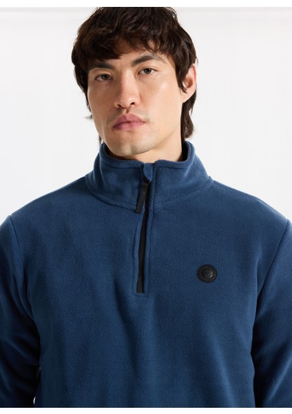 D5WM-SWT3300 Indigo Fermuarlı Yaka Basic Düz Erkek Polar Sweatshırt modelleri