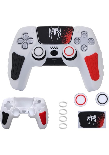 Ps5 Dualsense Silikon Kılıf Beyaz-Kırmızı Spider Desen + 2 Thumb Grip + Sticker + Analog Koruyucu Halkalar (Rings)