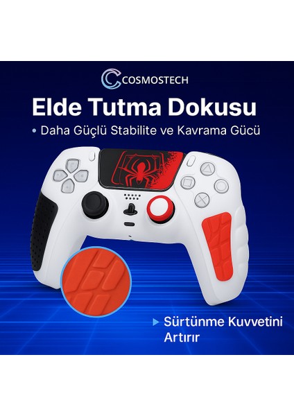 Ps5 Dualsense Silikon Kılıf Beyaz-Kırmızı Spider Desen + 2 Thumb Grip + Sticker + Analog Koruyucu Halkalar (Rings)