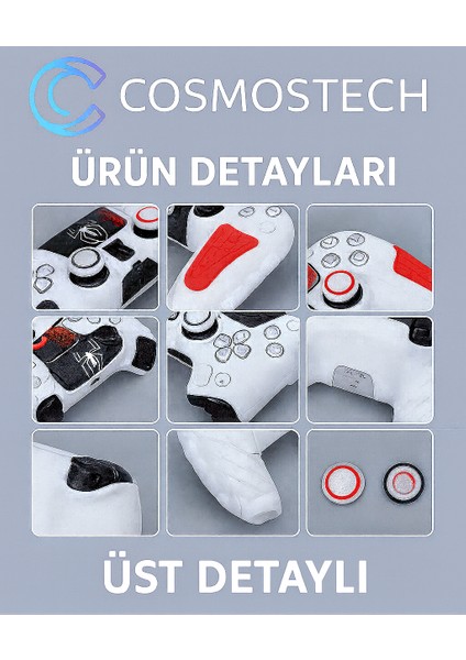 Ps5 Dualsense Silikon Kılıf Beyaz-Kırmızı Spider Desen + 2 Thumb Grip + Sticker + Analog Koruyucu Halkalar (Rings)