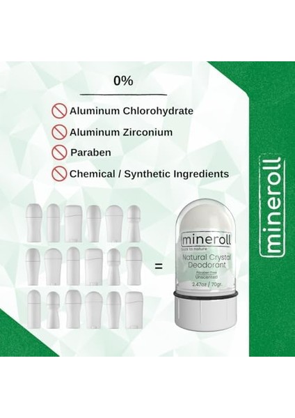 Mineroll Doğal Kristal Deodorant - Vegan, Kokusuz, 24 Saat Koruma, Kadın ve Erkeler Için - Alum Taş, Mineral Tuz, Roll-On, 70 gr modelleri