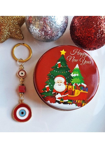 Lüks Yeni Yıl Hediyesi Metal Kutuda Zirkon Taşlı Büyük Nazar Boncuklu Kırmızı Anahtarlık