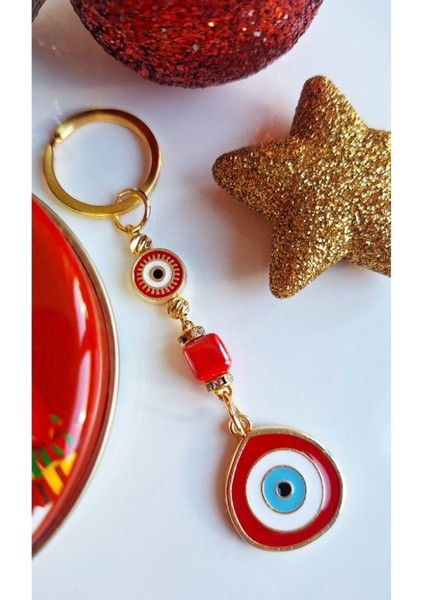 Lüks Yeni Yıl Hediyesi Metal Kutuda Zirkon Taşlı Büyük Nazar Boncuklu Kırmızı Anahtarlık fiyatları