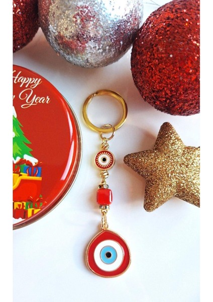 Lüks Yeni Yıl Hediyesi Metal Kutuda Zirkon Taşlı Büyük Nazar Boncuklu Kırmızı Anahtarlık modelleri