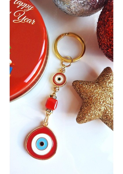 Lüks Yeni Yıl Hediyesi Metal Kutuda Zirkon Taşlı Büyük Nazar Boncuklu Kırmızı Anahtarlık fırsatları