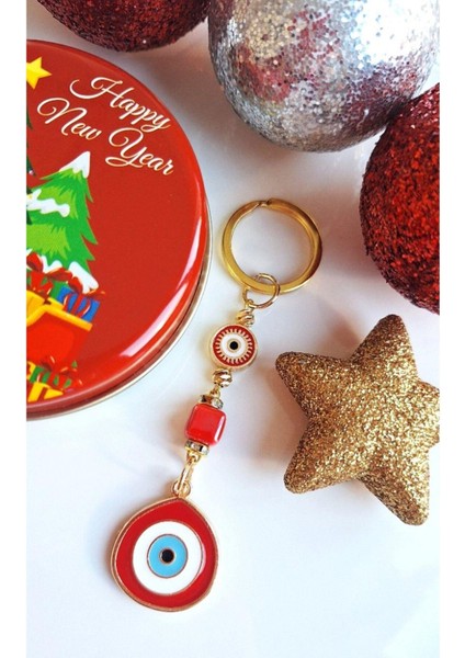 Lüks Yeni Yıl Hediyesi Metal Kutuda Zirkon Taşlı Büyük Nazar Boncuklu Kırmızı Anahtarlık indirimleri