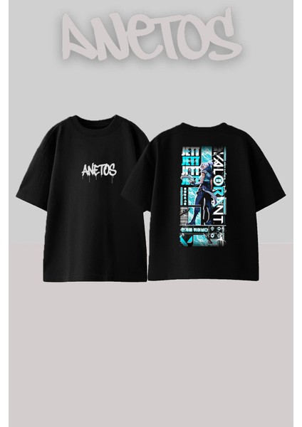 Jet Tasarım Sırt Baskılı Pamuk Siyah Oversize T-Shirt