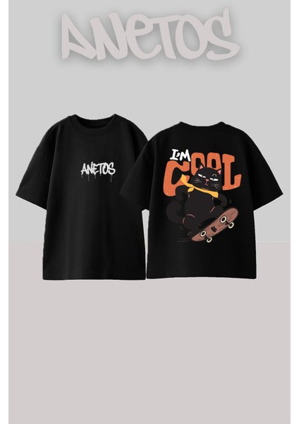 Black Cat Tasarım Sırt Baskılı Pamuk Siyah Oversize T-Shirt