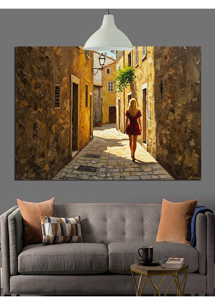 Dar Sokakta Yürüyen Kadın Dekoratif Kanvas - Mdf Ahşap Tablo