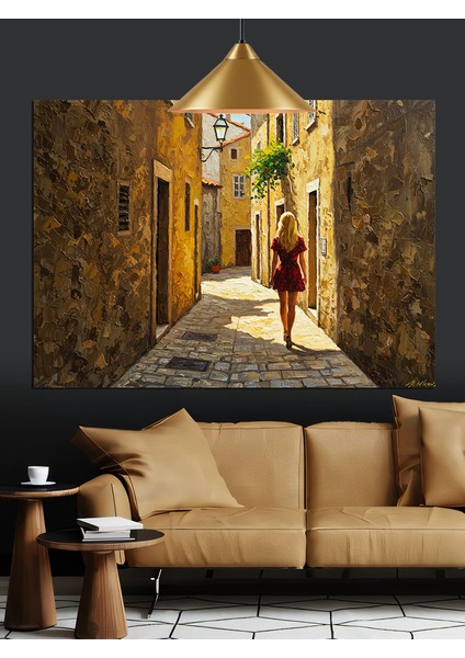 Dar Sokakta Yürüyen Kadın Dekoratif Kanvas - Mdf Ahşap Tablo fırsatları