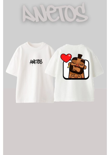 Emoji Tasarım Sırt Baskılı Pamuk Beyaz Oversize T-Shirt