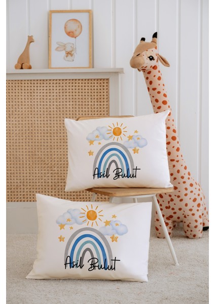 %100 Pamuk Isme Özel 2li Ekru Bebek Yastık Kılıfı 35X45 Cm-Gökkuşağı