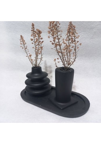 Dekoratif 3 Parça Tabaklı Vazo Set Siyah