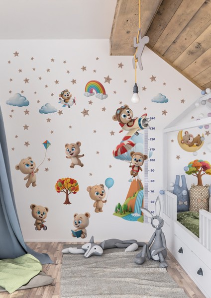 Sevimli Ayıcık Temalı Boy Ölçerli Duvar Sticker Seti | Çocuk Odası Dekoru | Mat Yüzey, Kolay Uygulama, Sökülebilir