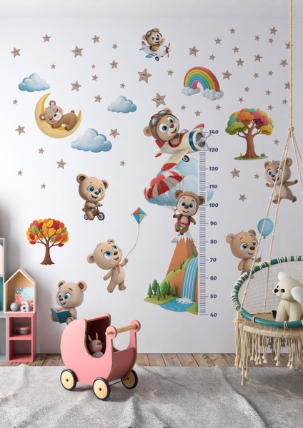 Sevimli Ayıcık Temalı Boy Ölçerli Duvar Sticker Seti | Çocuk Odası Dekoru | Mat Yüzey, Kolay Uygulama, Sökülebilir fiyatları