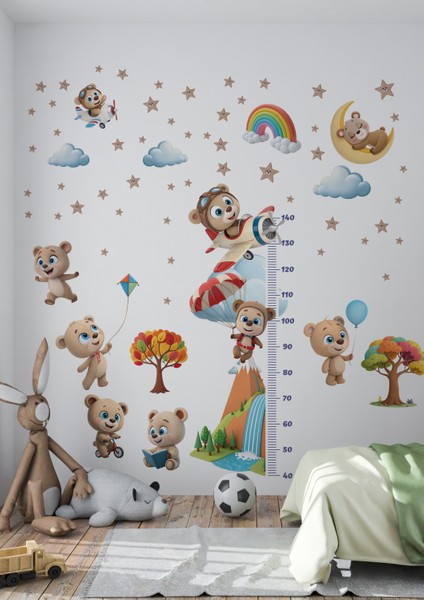 Sevimli Ayıcık Temalı Boy Ölçerli Duvar Sticker Seti | Çocuk Odası Dekoru | Mat Yüzey, Kolay Uygulama, Sökülebilir modelleri
