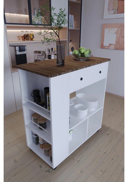 Tekerlekli I Kahve Köşesi Dolabı Oval Kenarlı Mikrodalga ve Tost Makinesi Uyumlu, Modern Tasarım