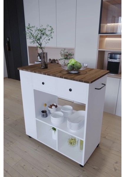 Tekerlekli I Kahve Köşesi Dolabı Oval Kenarlı Mikrodalga ve Tost Makinesi Uyumlu, Modern Tasarım fiyatları