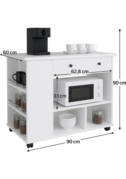 Tekerlekli I Kahve Köşesi Dolabı Oval Kenarlı Mikrodalga ve Tost Makinesi Uyumlu, Modern Tasarım fırsatları