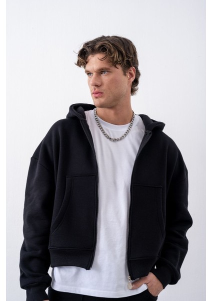 Erkek Boxy Oversize Fermuarlı Chill Siyah Sweatshirt