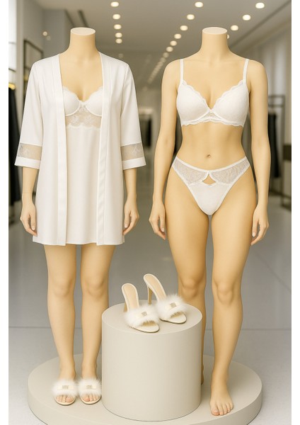 Kadın Giyim 5 Parça Saten Gecelik - Sabahlık & Dantelli Iç Çamaşır Takımı & Tüy Detay Terlik