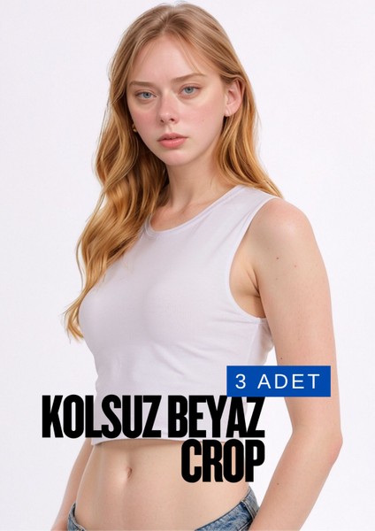Kadın Giyim Pamuklu & Elastan Kolsuz Bisiklet Yaka 3 Adet Beyaz Crop LL.011.ILK.109