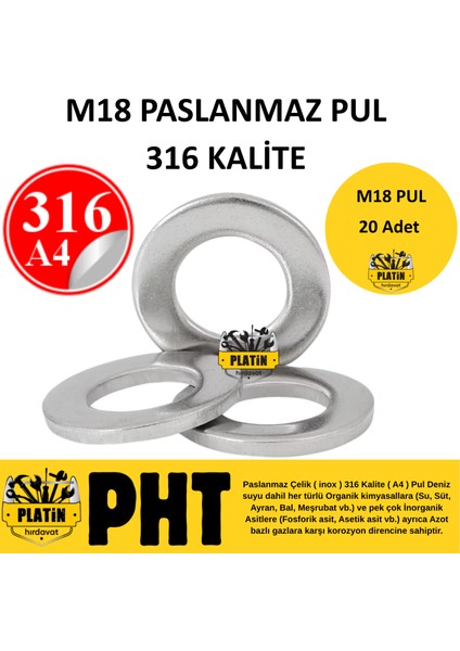 Pht 316 Kalite Paslanmaz Krom Pul M18 ( 20 Adet ) PLT2800031618