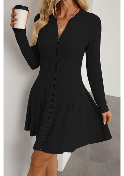 Kadın Uzun Kollu Önden Fermuarlı Pileli Şardonlu Kaşkorse Mini Elbise