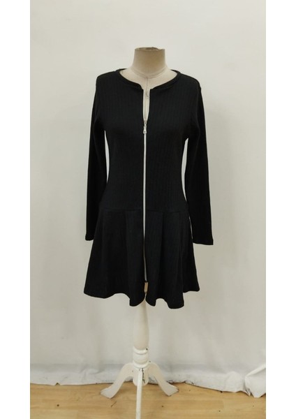 Kadın Uzun Kollu Önden Fermuarlı Pileli Şardonlu Kaşkorse Mini Elbise fırsatları