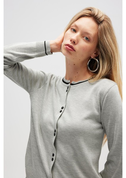 Risa Düz Örgü, Kadın Triko Hırka - Gri Melanj