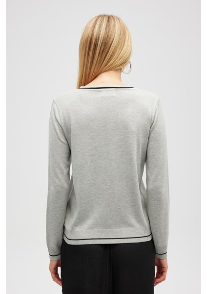 Risa Düz Örgü, Kadın Triko Hırka - Gri Melanj