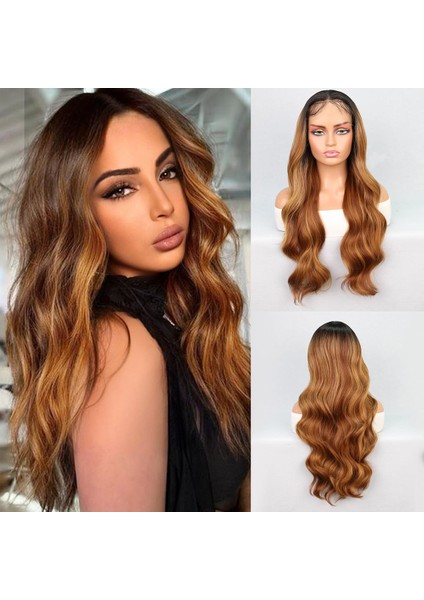 Siyah Karamel Balköpüğü Ombre Fiber Sentetik Geniş Dalgalı Tül Peruk