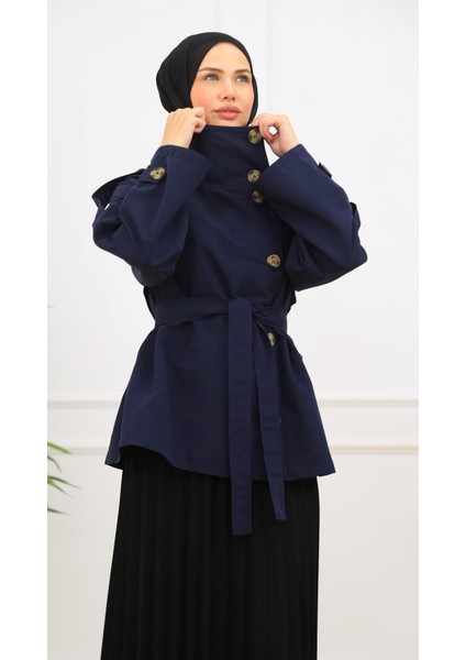 Kadın Kısa Trençkot Biker Tarz