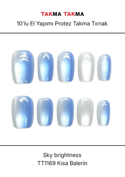 10'lu Mavi Kısa Balerin TT1169 Tekrar Kullanılabilir El Yapımı Protez Takma Tırnak - Mavi-S